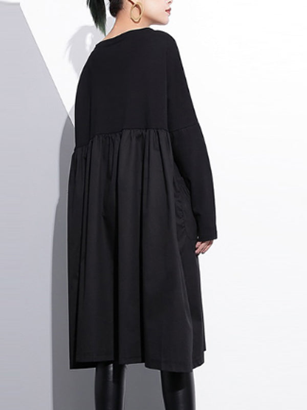 Black Round Neck Long Sleeve Pleated Pocket Smock Midi Dress