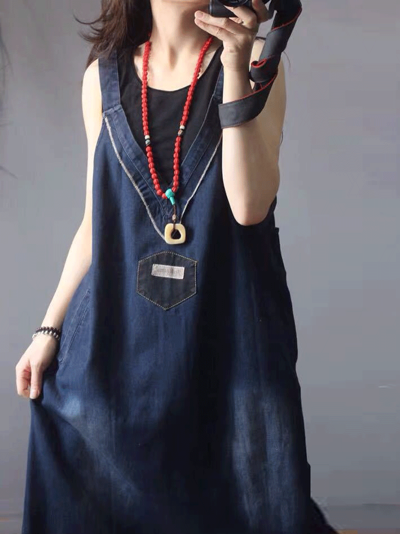 Blue Sleeveless Denim Pocket Pinafore Overall A-Line Midi Dress