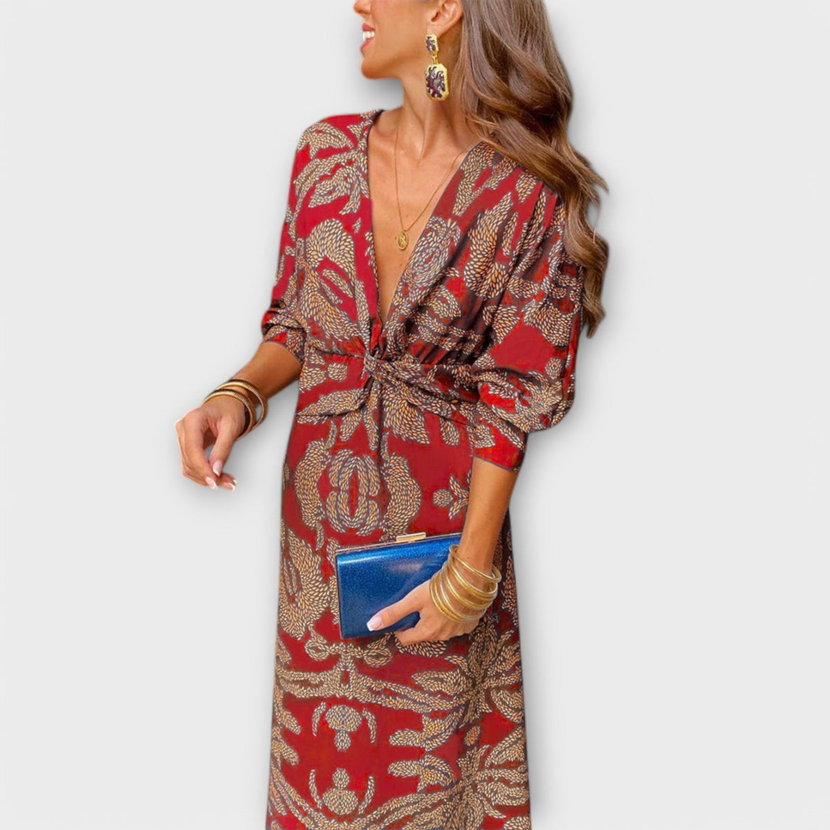 Deep V-Neck Floral Print Long Sleeve Twist Front Bodycon Midi Dress