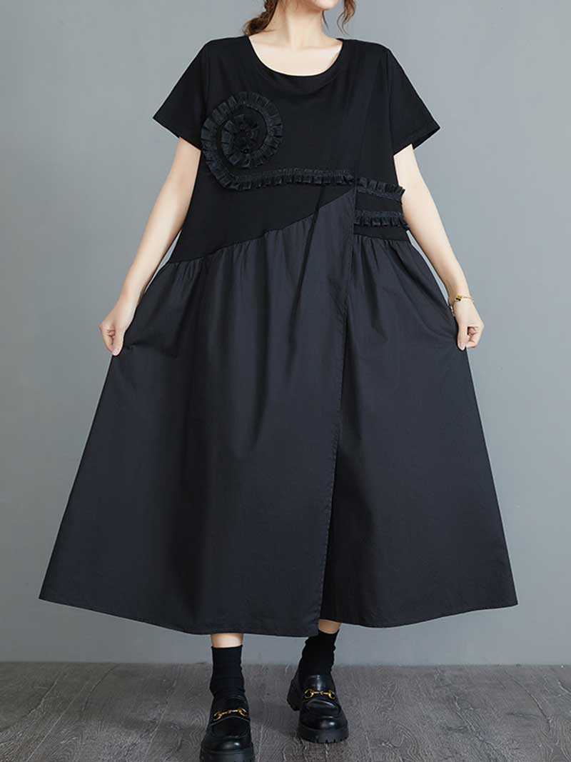 Black Round Neck Floral Applique Frill Trim Short Sleeve Swing Midi Dress