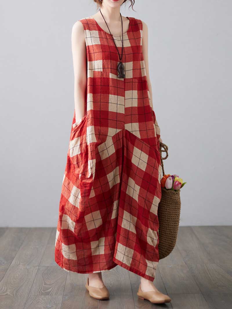 Red Round Neck Sleeveless Plaid Print Loose Cocoon Maxi Dress 4
