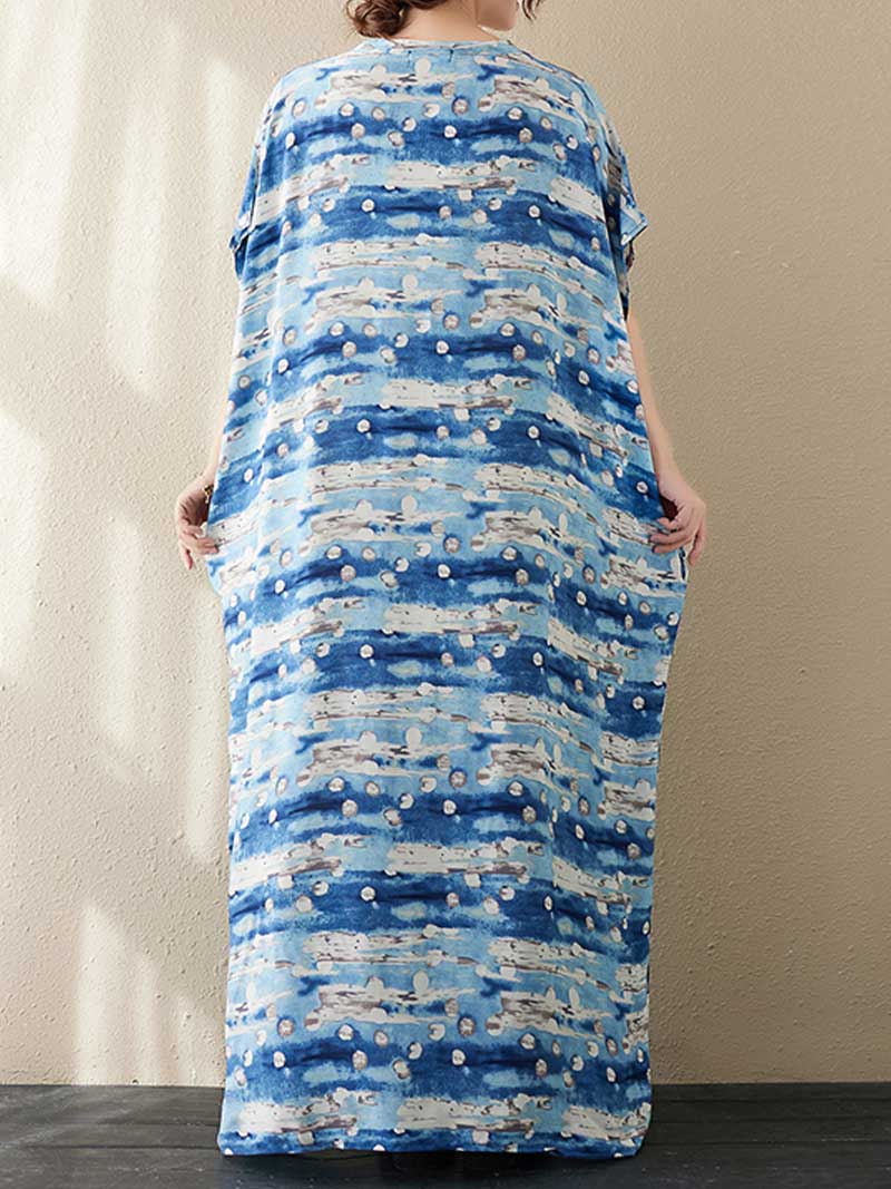 V-Neck Tie-Dye Print Batwing Sleeve Loose Kaftan Maxi Dress