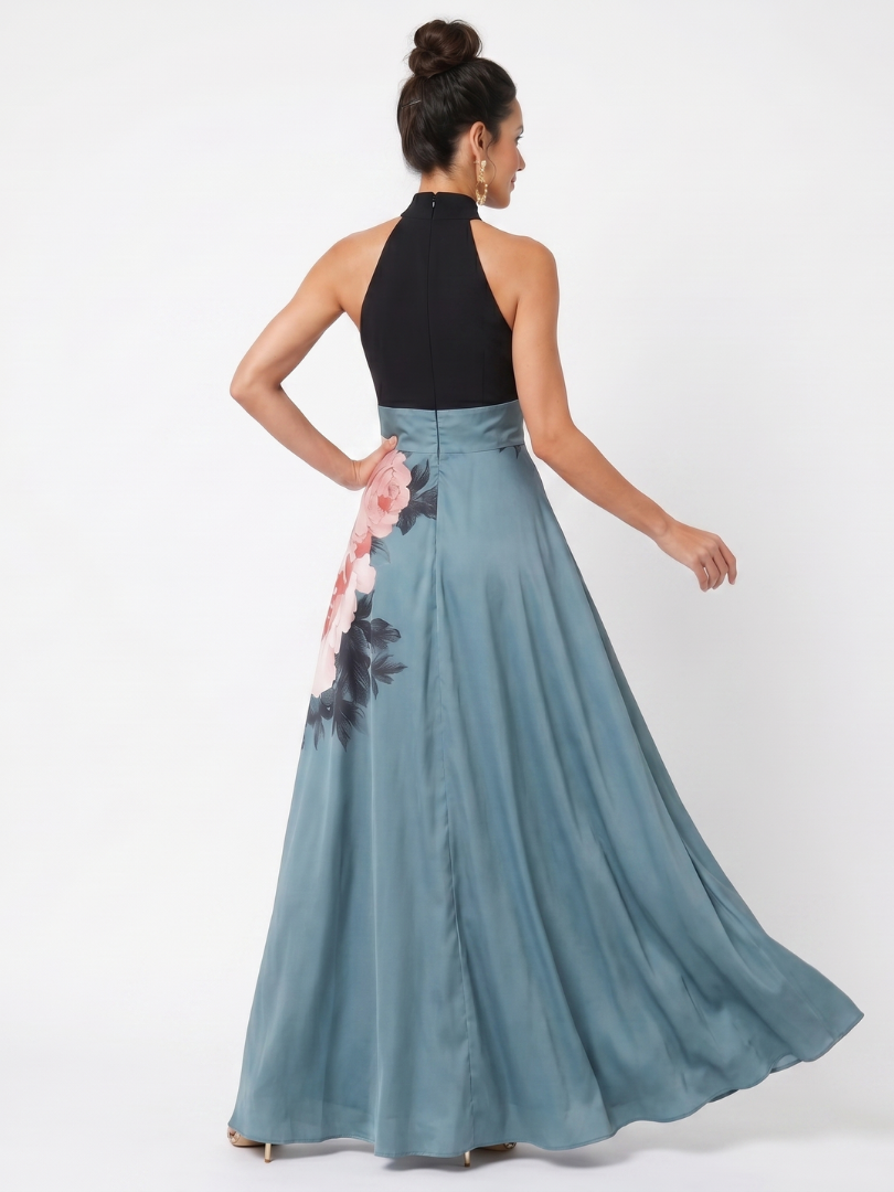 Multicolor Halter Neck Floral Print High Slit Maxi Gown 4