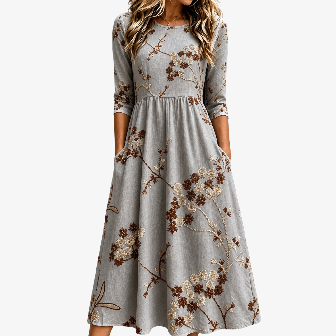 Round Neck Half Sleeve Floral Embroidered Pocket A-Line Midi Dress