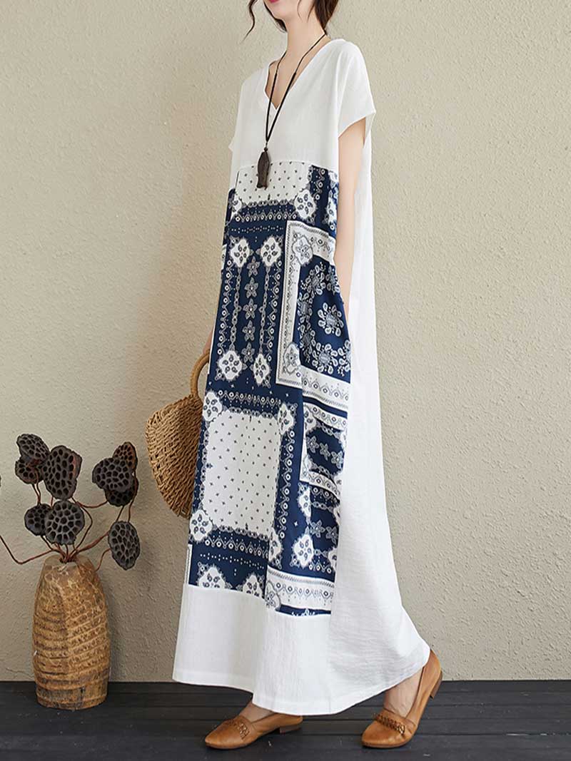White V-Neck Patchwork Paisley Print Short Sleeve Loose Cotton Maxi Dress
