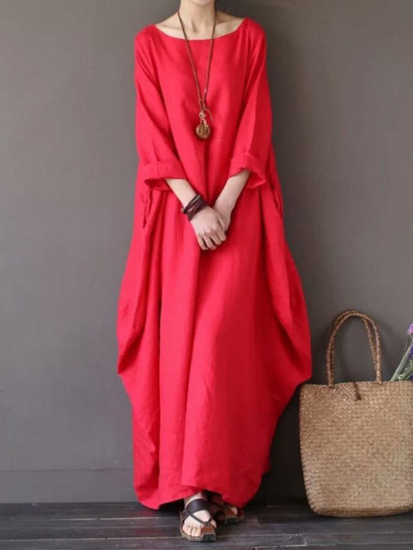 Round Neck Long Sleeve Loose Cotton Cocoon Maxi Dress
