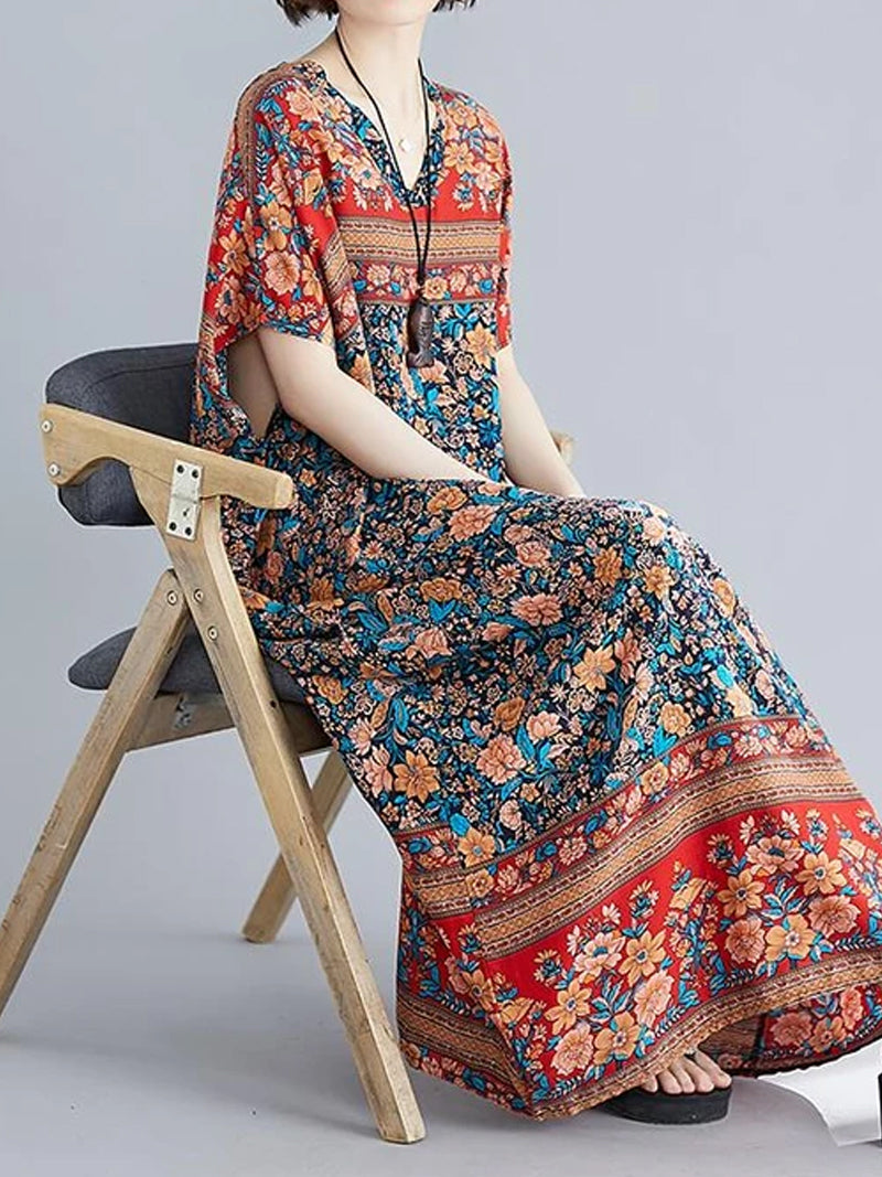 Navy Blue V-Neck Batwing Sleeve Bohemian Floral Print Loose Kaftan Maxi Dress 4