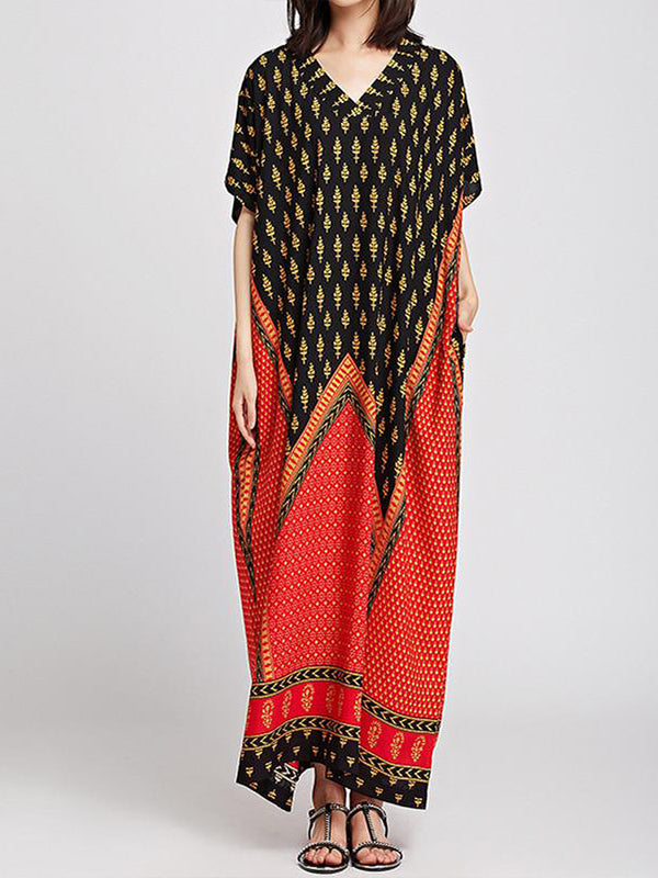 Brown V-Neck Ethnic Border Print Batwing Sleeve Kaftan Maxi Dress