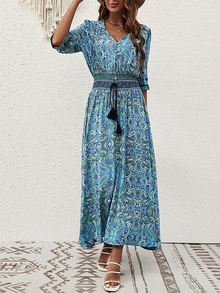 Fresh Print Maxi Dress-Blue