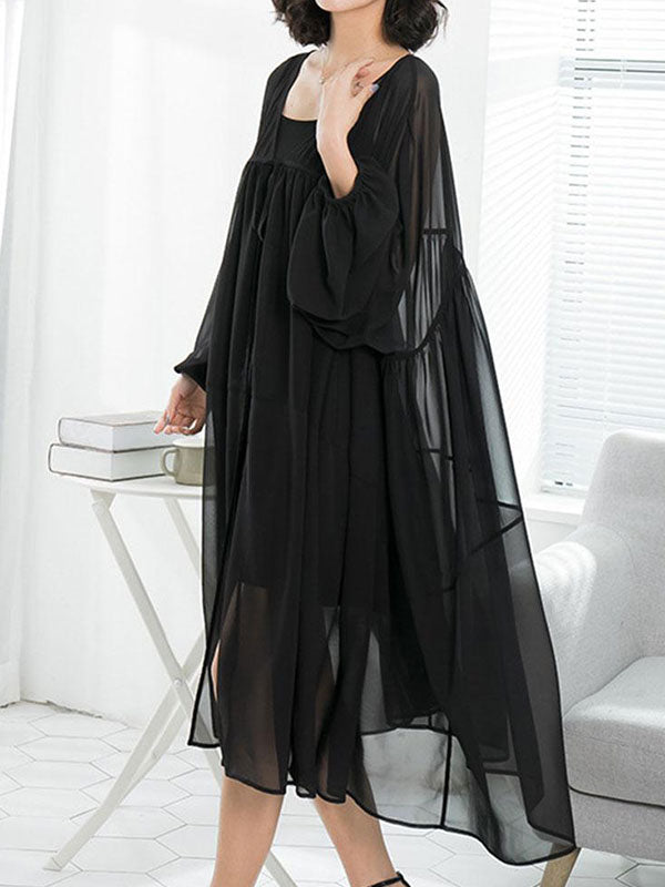 Black Square Neck Tie Front Sheer Chiffon Long Sleeve Smock Midi Dress