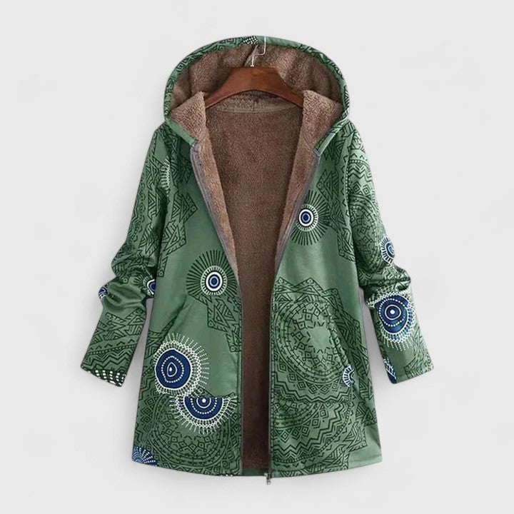 Hooded Ethnic Print Fleece-Lined Zip Front Long Sleeve Jacket