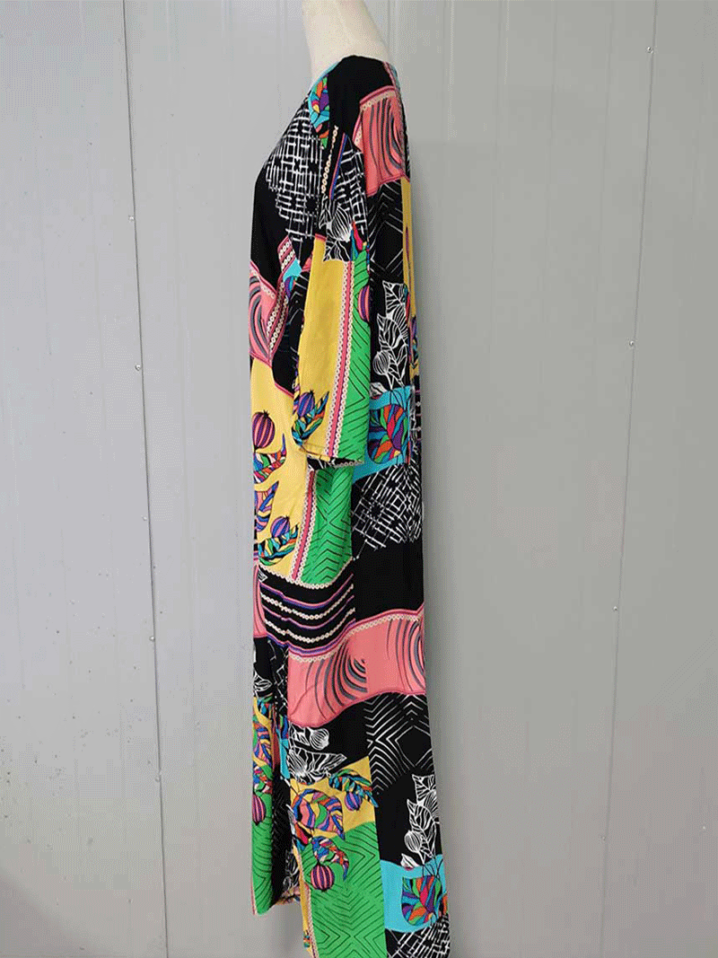 Black Abstract Print Open Front Wide Sleeve Long Duster Kimono 3