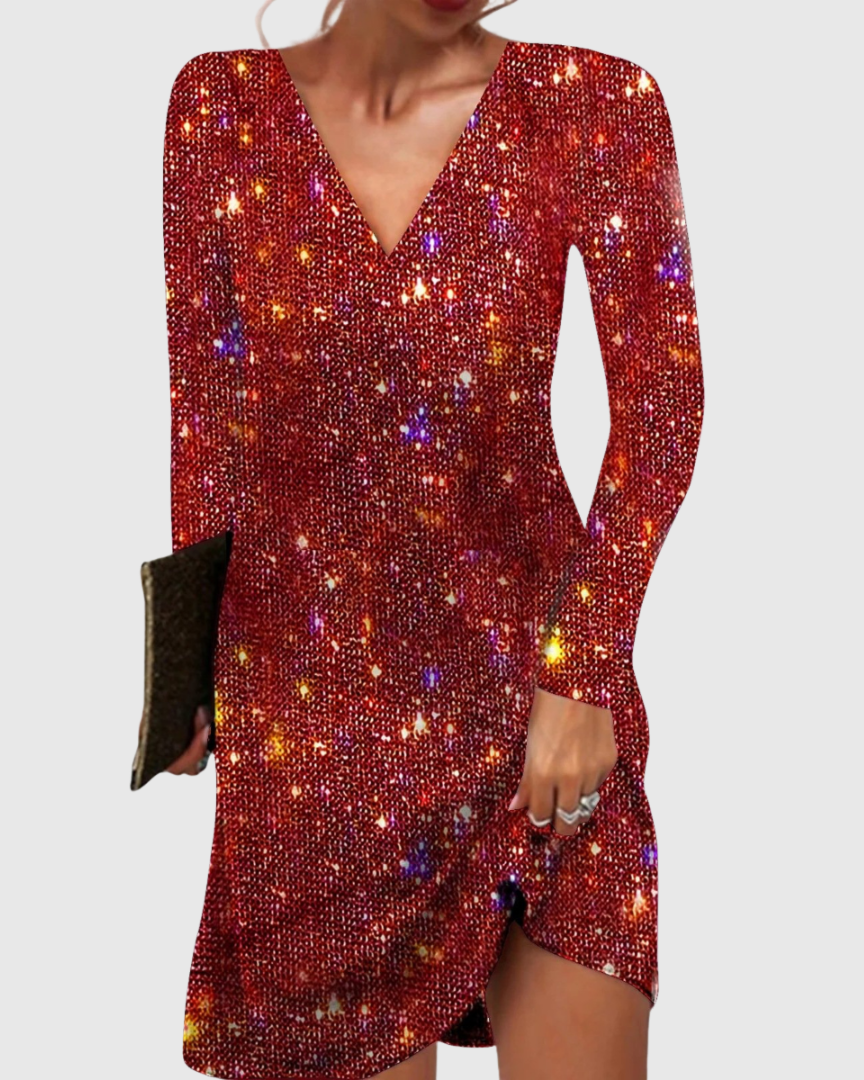 V-Neck Sequin Long Sleeve Wrap Bodycon Mini Dress
