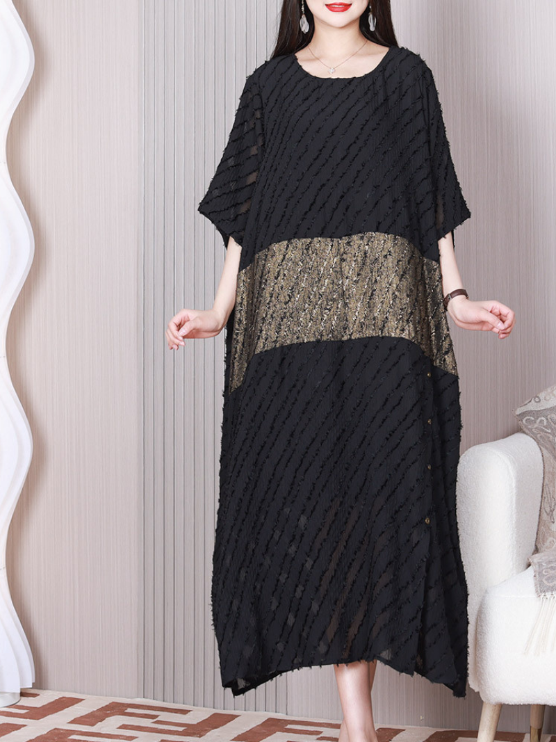 Black Round Neck Batwing Sleeve Textured Metallic Panel Loose Maxi Dress 3