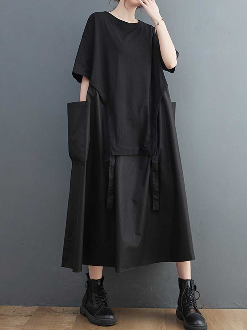 Black Round Neck Short Sleeve Layered Loose A-Line Maxi Dress