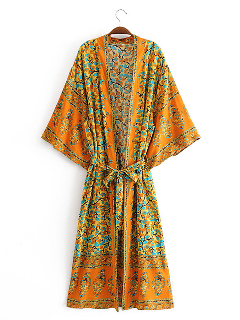 Orange Bohemian Floral Border Print Open Front Long Kimono Robe 5