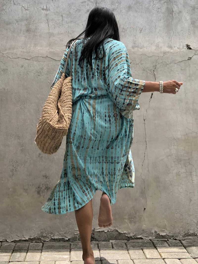 Tie-Dye Stripe Print Open Front Long Kimono Duster Robe 8