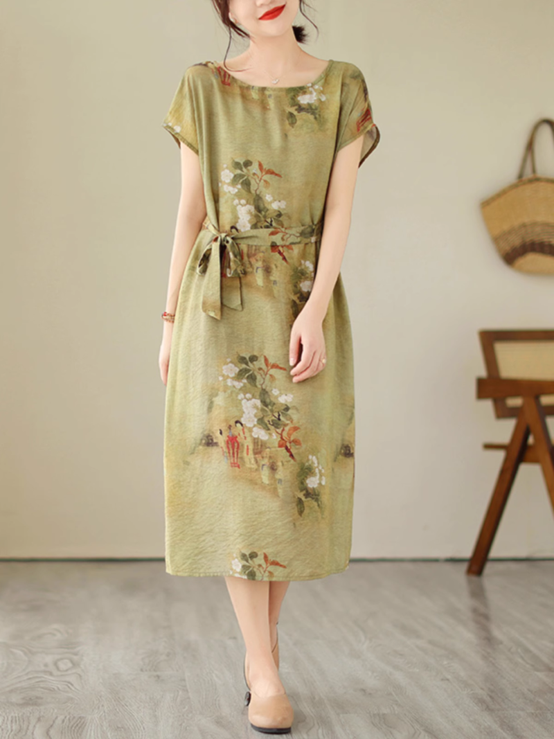 Boat Neck Cap Sleeve Floral Print Tie Waist Loose Midi Dress