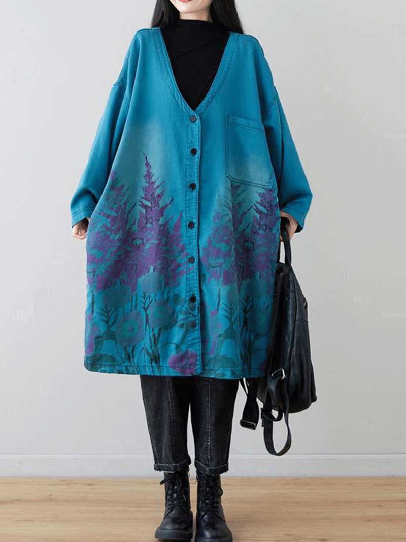 Lake Blue V-Neck Button Front Forest Print Pocket Loose Longline Coat
