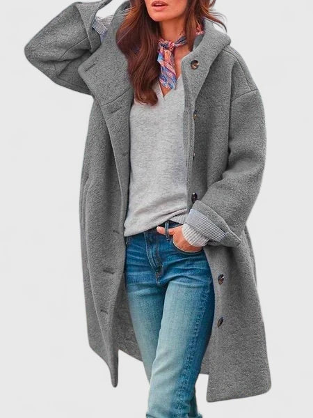 Hooded Button Front Long Sleeve Longline Wool Coat