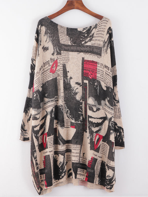 Boat Neck Batwing Sleeve Newspaper Print Oversized Knit Sweater 10