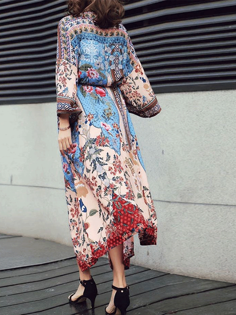 Blue Bohemian Floral Print Open Front Long Kimono