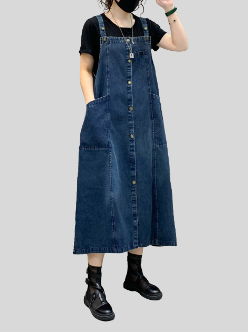Strap Button Front Pocket Denim Pinafore A-Line Midi Dress