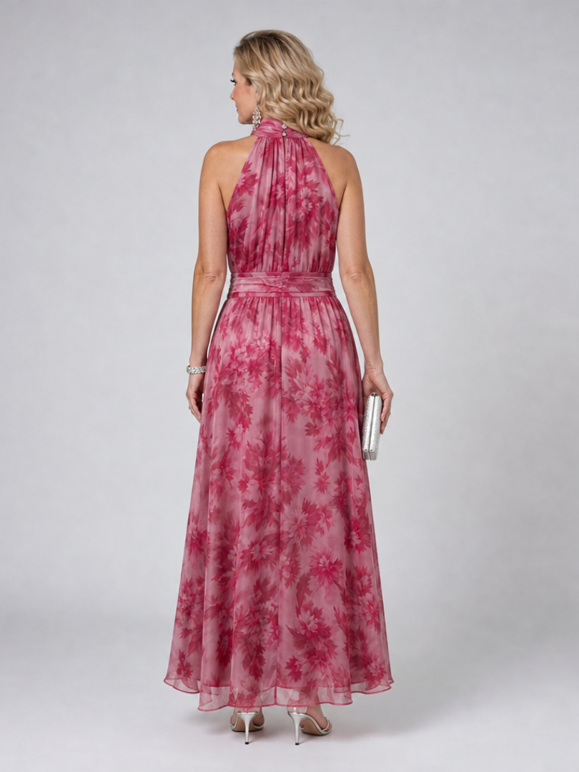Halter Turtleneck Floral Chiffon Sash Waist Maxi Gown 5