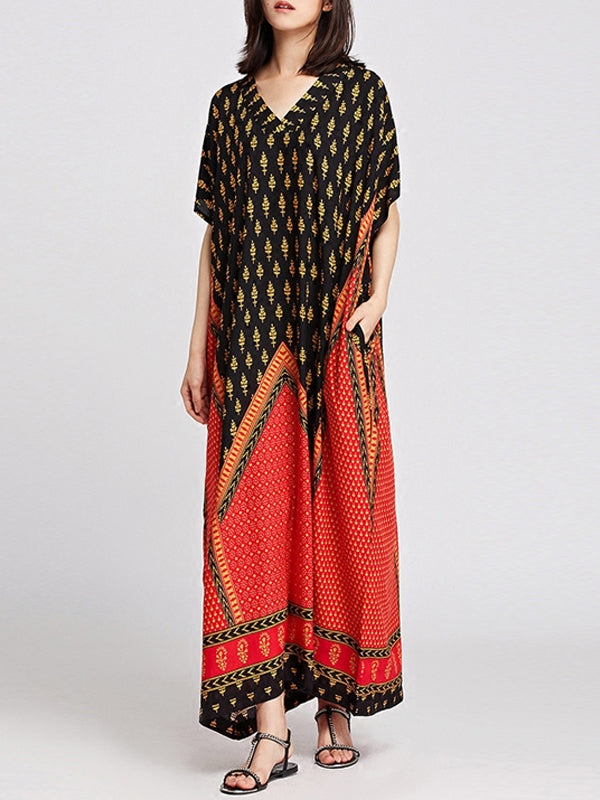 Brown V-Neck Ethnic Border Print Batwing Sleeve Kaftan Maxi Dress 6