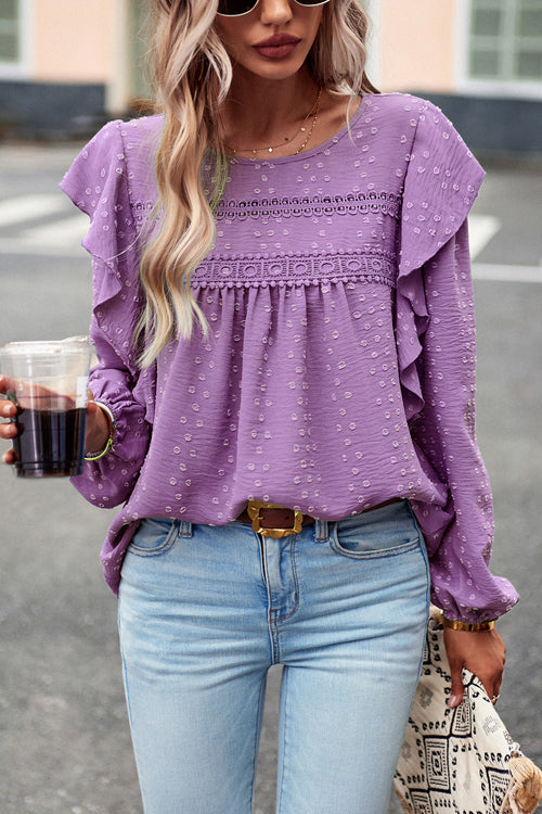 Miss You So Swiss Dot Lace Ruffled Long Sleeve Top - 5 Colors