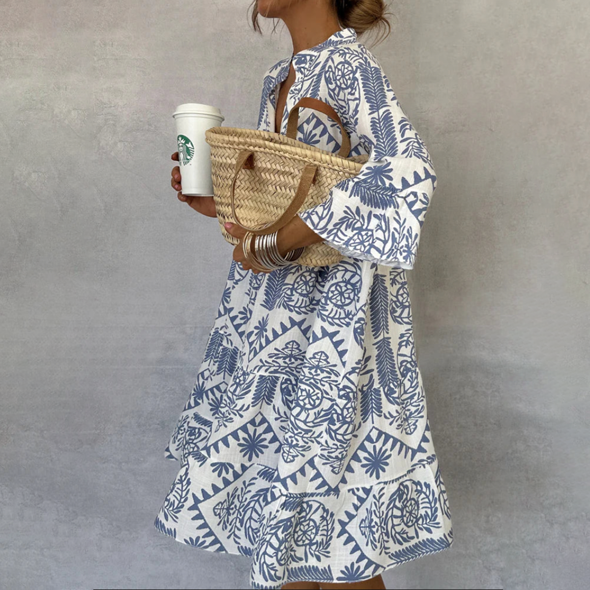 Blue Notched Neck Long Sleeve Boho Print Tiered Mini Dress