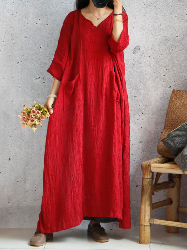V-Neck Long Sleeve Patch Pocket Linen Loose Maxi Dress