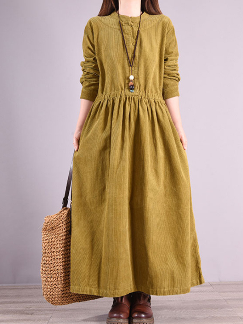 Stand Collar Button Placket Corduroy Long Sleeve Pleated Maxi Dress 4