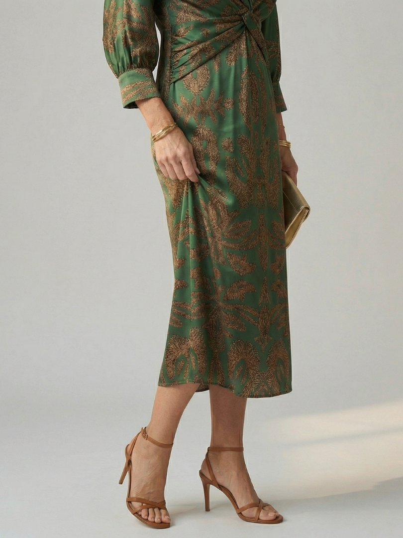 V-Neck Twist Front Long Sleeve Abstract Print Sheath Midi Dress