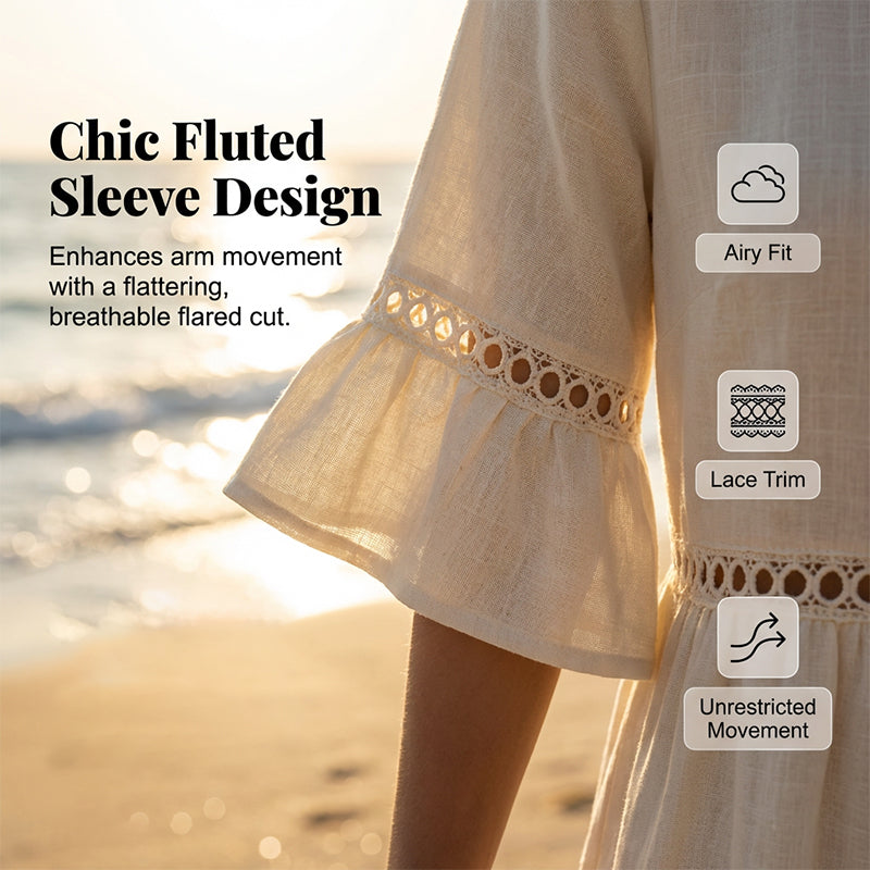Round Neck Crochet Lace Trim Bell Sleeve Empire Waist Midi Dress 6