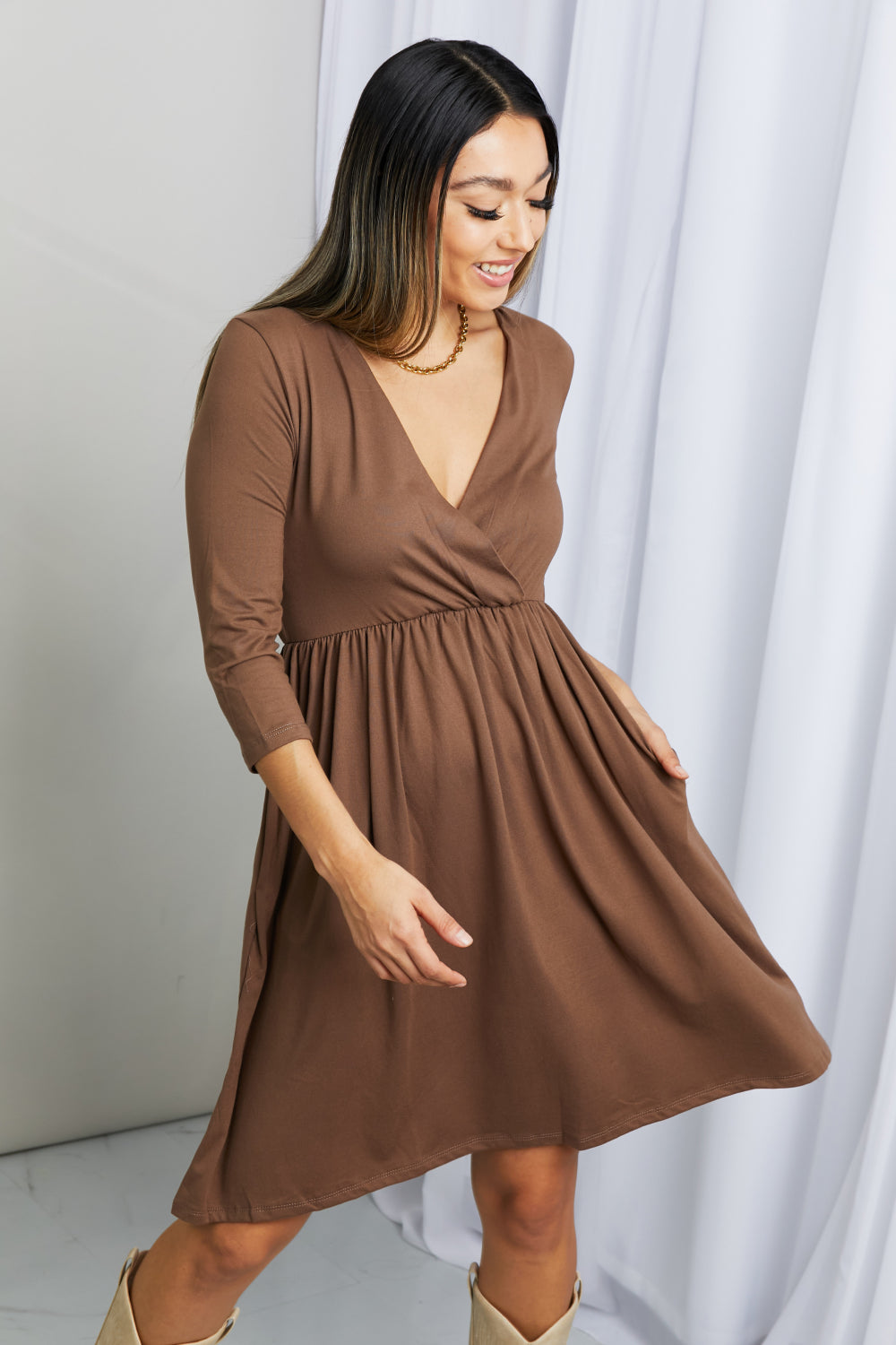 Mocha V-Neck Wrap Three Quarter Sleeve Fit and Flare Midi Dress
