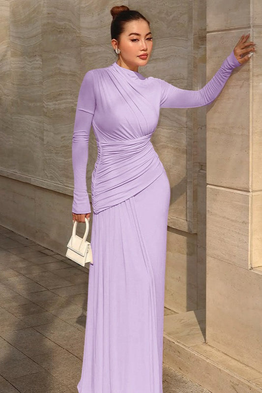Solid Crew Neck Long Sleeve Ruched Party Dress
