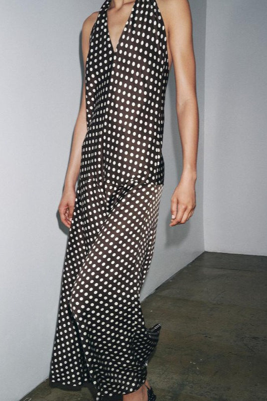 Brown Polka Dot Halter Neck Maxi Dress 3