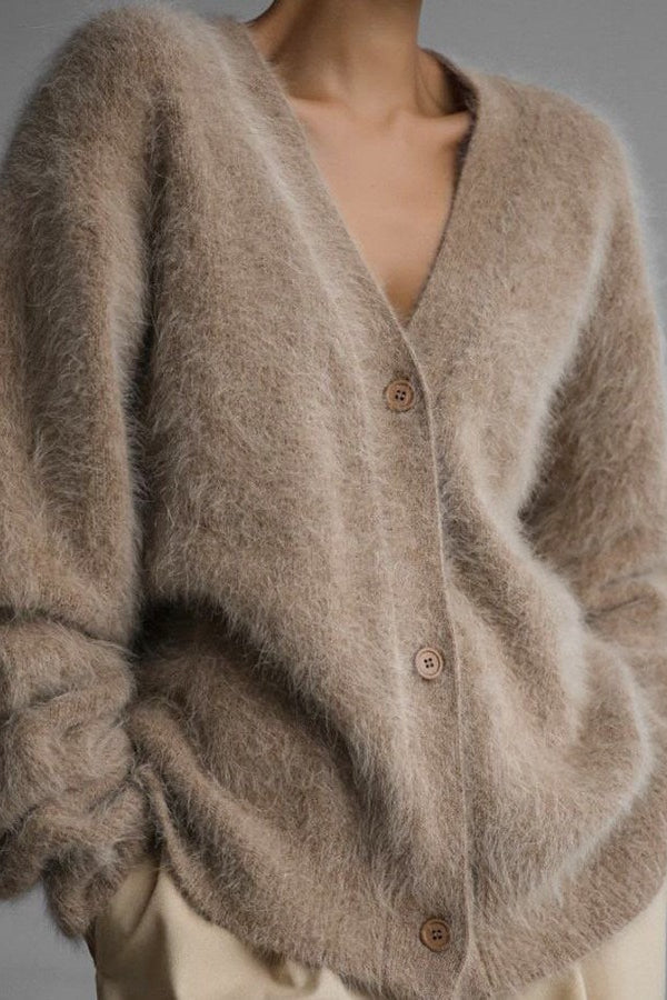 Solid V Neck Soft Mink Fleece Loose Knit Cardigan