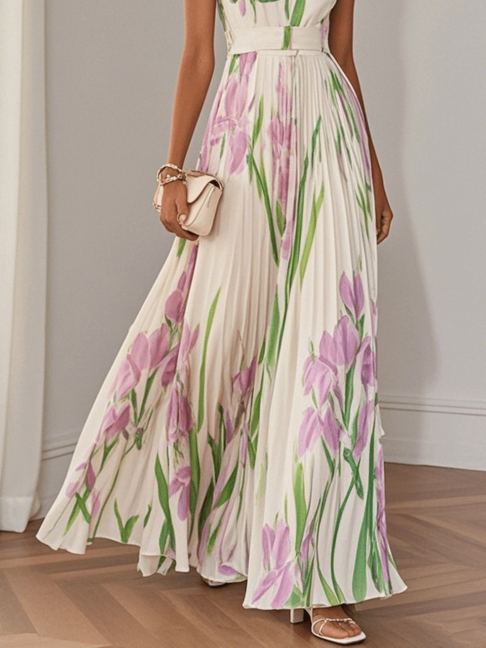 Square Neck Floral Print Sleeveless Pleated A-Line Maxi Dress