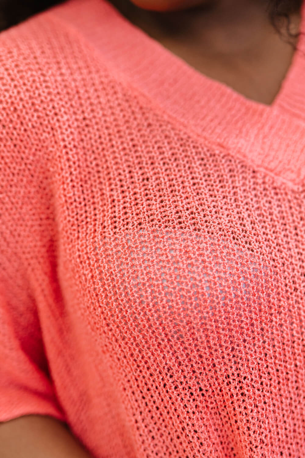 Deep Coral V-Neck Short Sleeve Openwork Loose Knit Sweater