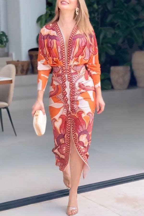 Unique Print Dolman Long Sleeve Ruched Slit Midi Dress