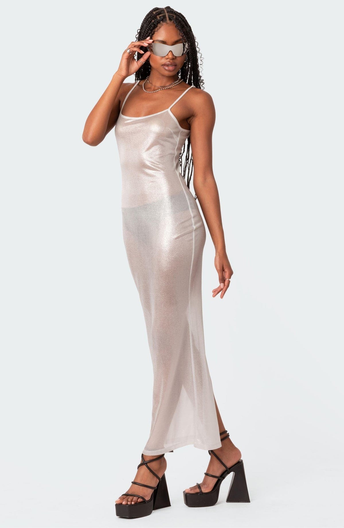 Silver Spaghetti Strap Sheer Metallic Mesh Bodycon Maxi Dress 10