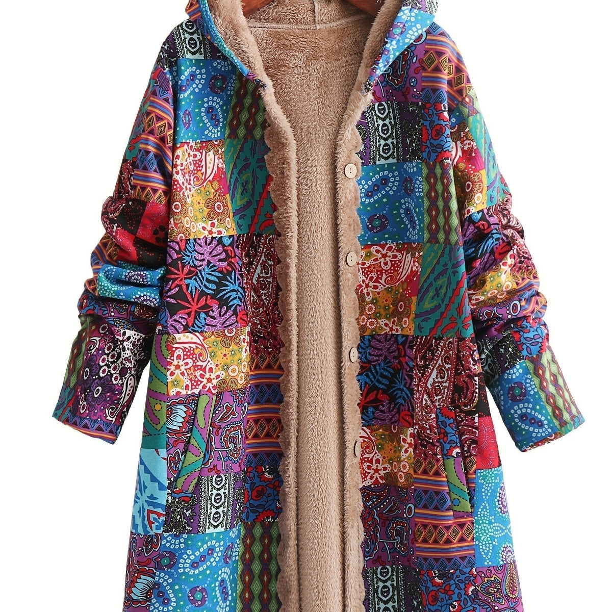 Hooded Ethnic Patchwork Print Fleece-Lined Button Front Longline Coat