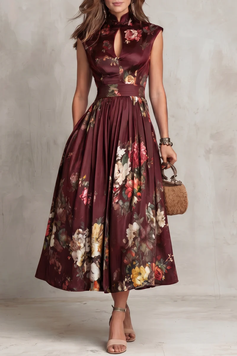 Mandarin Collar Keyhole Floral Pleated A-Line Midi Dress 3