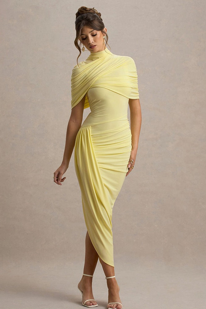 Solid Ruched Bodycon Cape Party Dress