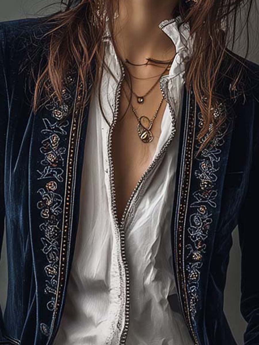 Stand Collar Embroidered Beaded Velvet Longline Blazer 5