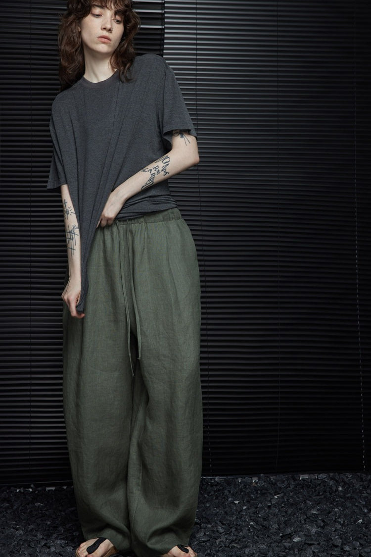 Green Linen High Waist Draped Wide Leg Pants
