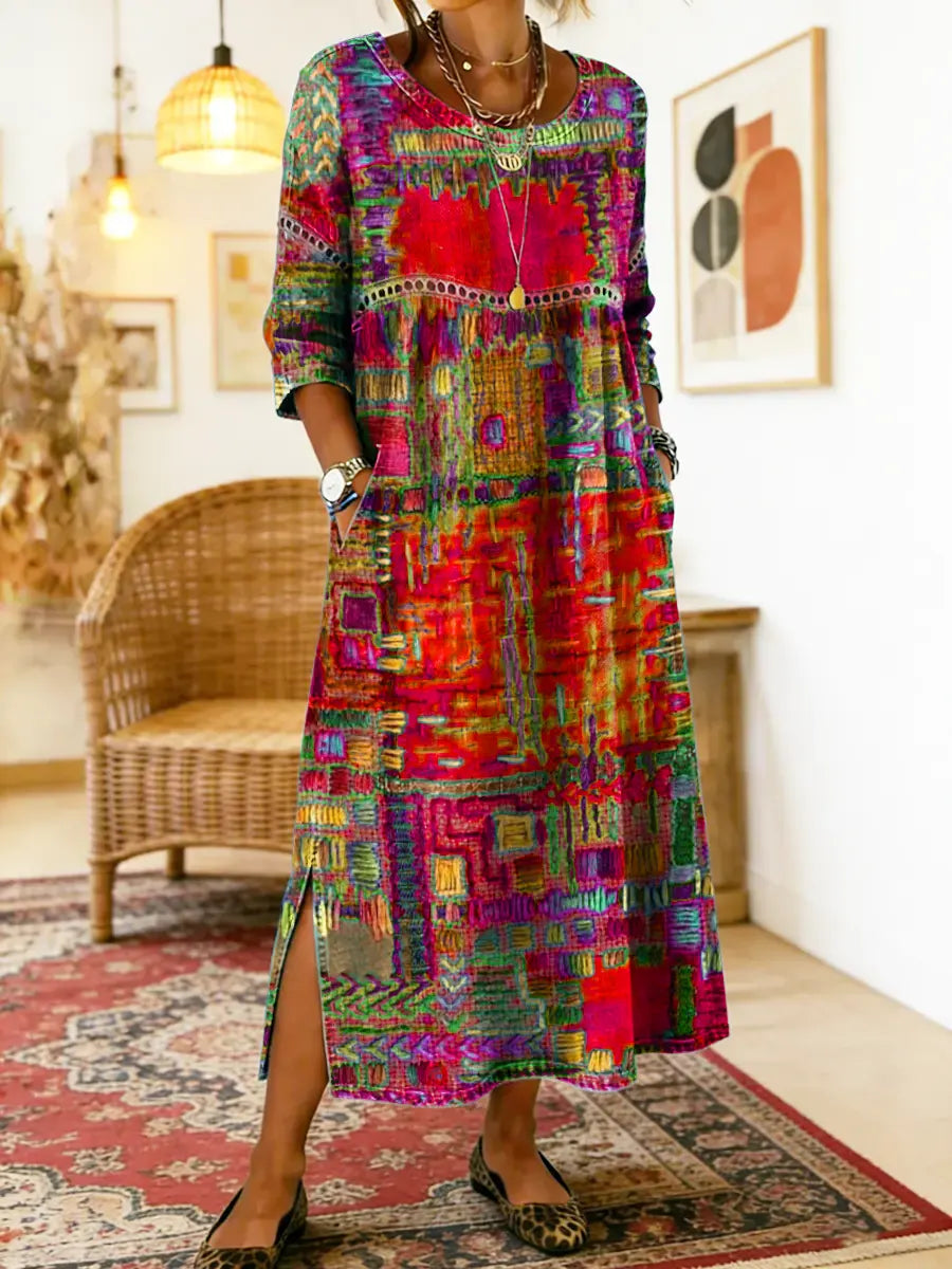 Round Neck Abstract Patchwork Print Long Sleeve Side Slit Maxi Dress