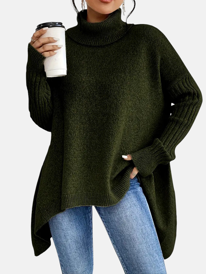 Turtleneck Ribbed Long Sleeve Oversized Longline Knit Sweater